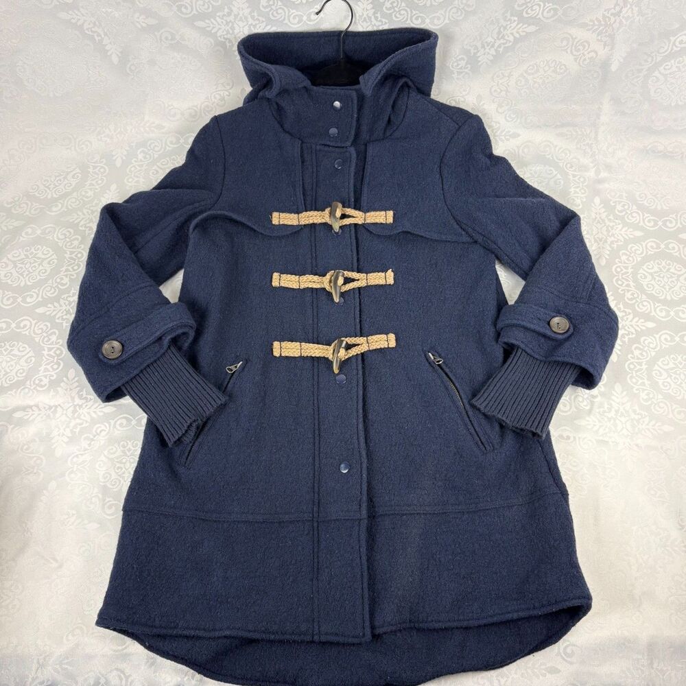 Free People Boiled Wool Military Pea Coat Toggle Hooded Boho Navy Blue Small